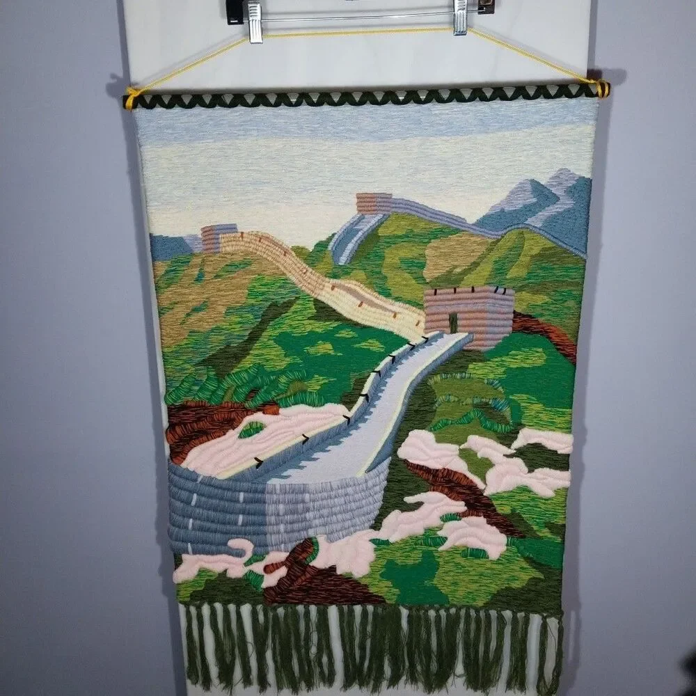 Vintage Chinese 3D Hand Embroidered Great Wall Tapestry Wall Hanging 24.5x31